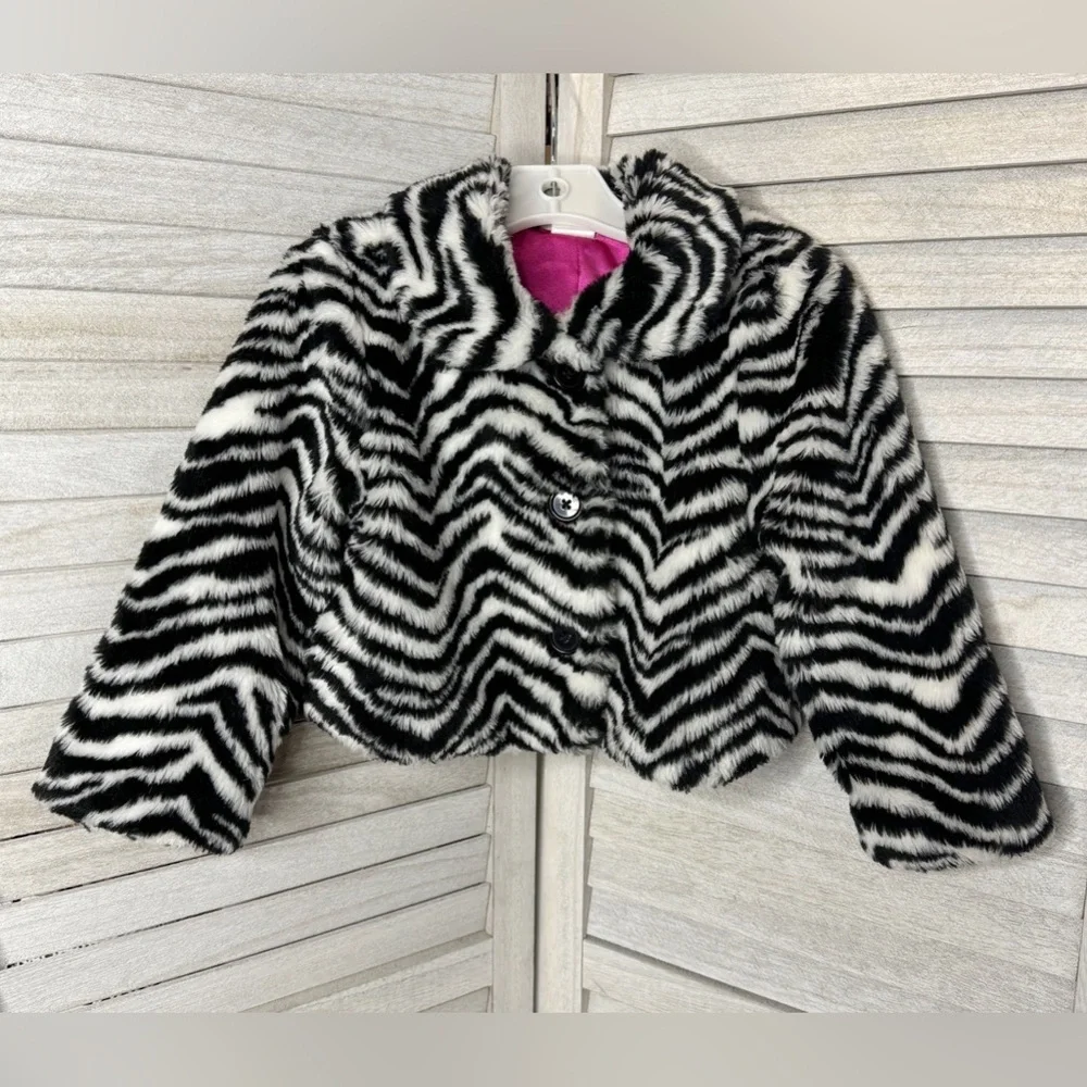 Gymboree Girls Faux Fur Zebra Print Coat Jacket XS Black White Plush Cropped